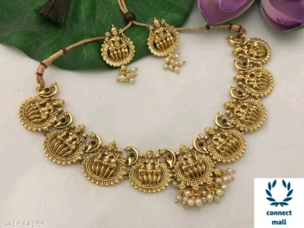 Lakshmi Gold Plated Round High Neck Adjustable Necklace with Earrings Set - Alloy , Gold Platted, Stone Type :Ruby, Pack of 1